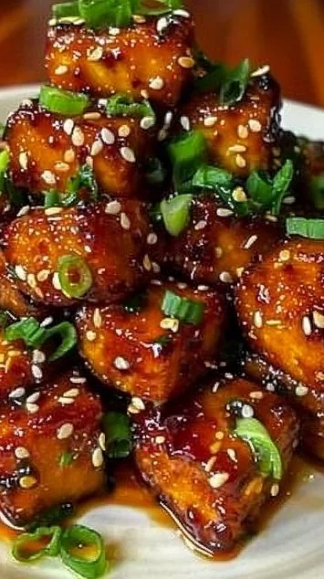 Crispy honey garlic tofu dish garnished with fresh herbs and served on a plate