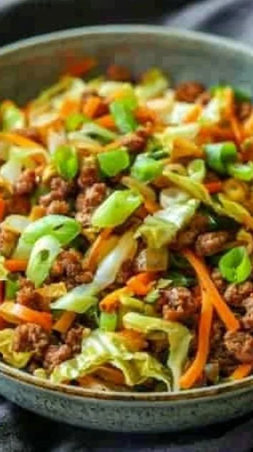 Delicious egg roll in a bowl with fresh vegetables and savory meat.