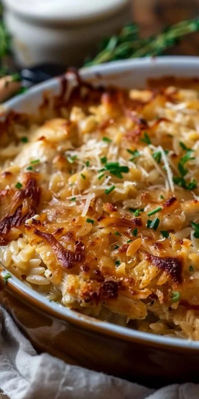 Delicious French onion chicken orzo casserole served in a baking dish
