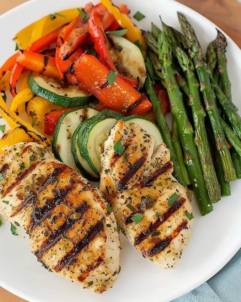 Garlic and herb grilled chicken served with fresh vegetables on a plate