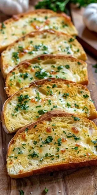 Delicious homemade garlic bread with crispy edges and fragrant garlic seasoning.
