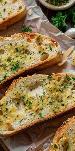 Delicious homemade garlic bread recipe with melted butter and fresh herbs