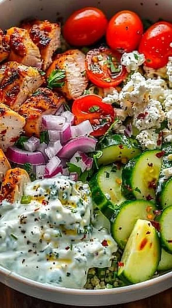 Delicious Greek Chicken Bowl with fresh vegetables and herbs