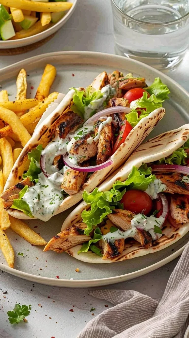 Delicious Greek Chicken Gyros served with fresh vegetables and tzatziki sauce