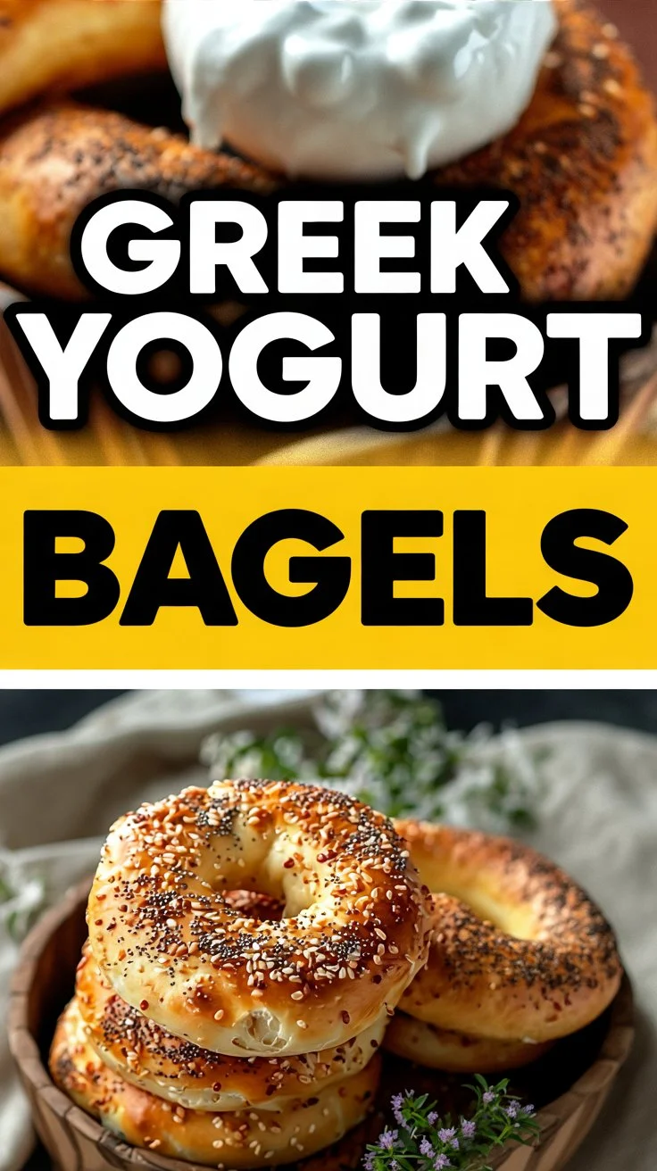 Freshly baked Greek Yogurt Bagels on a wooden board, topped with seeds.