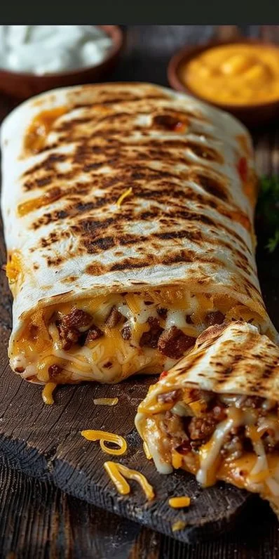 Delicious grilled cheese burrito with melted cheese and crispy tortilla