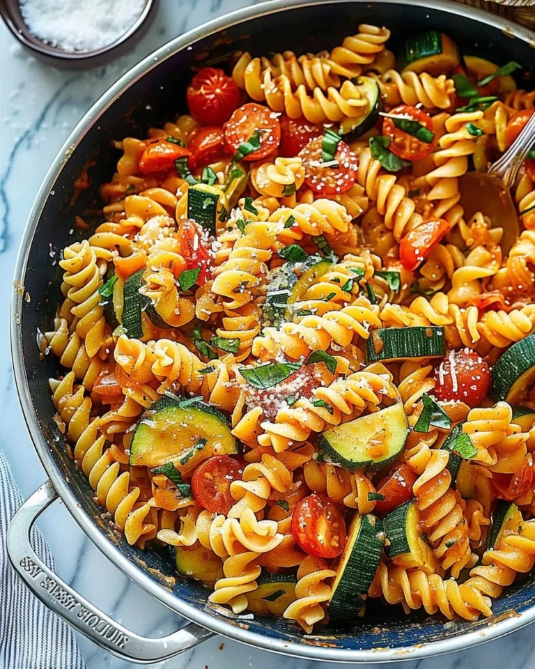 Healthy tomato zucchini pasta served with fresh herbs and vibrant veggies