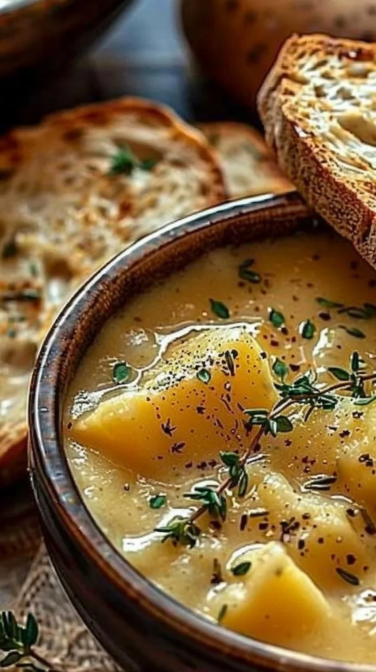 Bowl of hearty cheddar garlic herb potato soup topped with fresh herbs