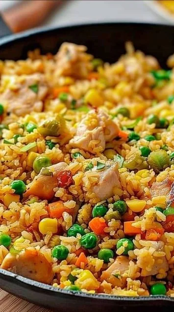 High protein chicken fried rice dish with vegetables and chicken in a bowl