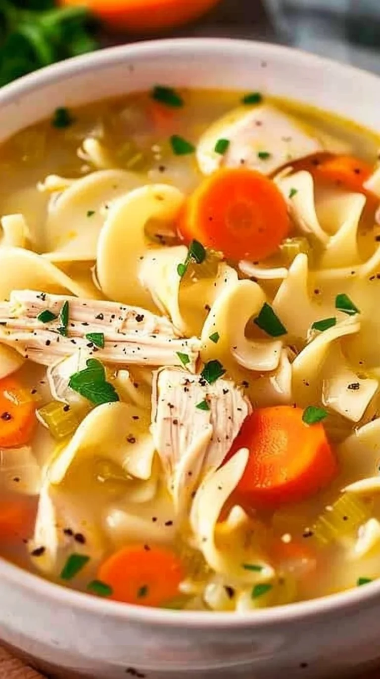 Bowl of homemade crockpot chicken noodle soup with vegetables and noodles