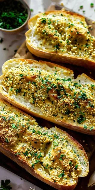 Homemade garlic bread with golden crust and fresh herbs on a wooden table