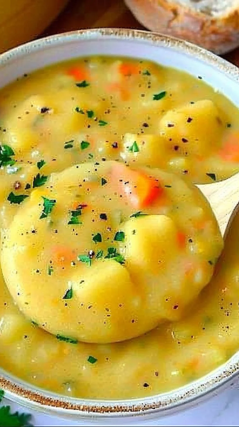 Bowl of homemade German Potato Soup garnished with herbs