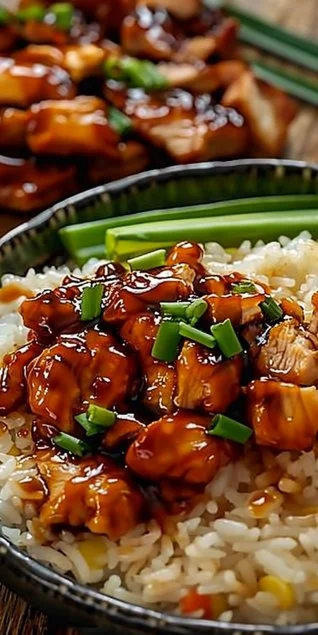 Delicious bowl of Honey BBQ Chicken Rice served with vibrant vegetables.