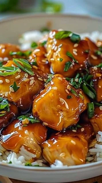 Plate of Honey Garlic Chicken garnished with herbs and served with rice