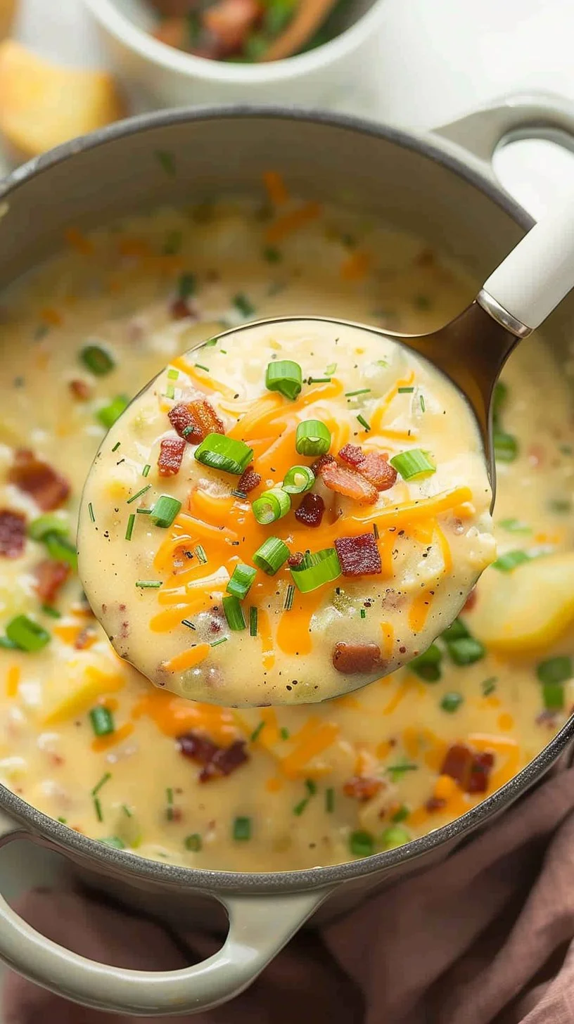 Bowl of creamy loaded potato soup topped with cheese and green onions