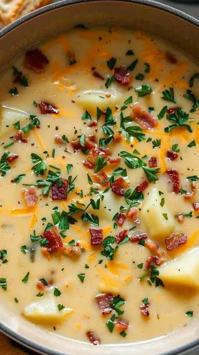 Bowl of creamy loaded potato soup topped with cheese, bacon, and green onions