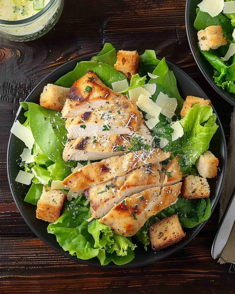 Low Carb Caesar Salad with Chicken topped with parmesan and croutons