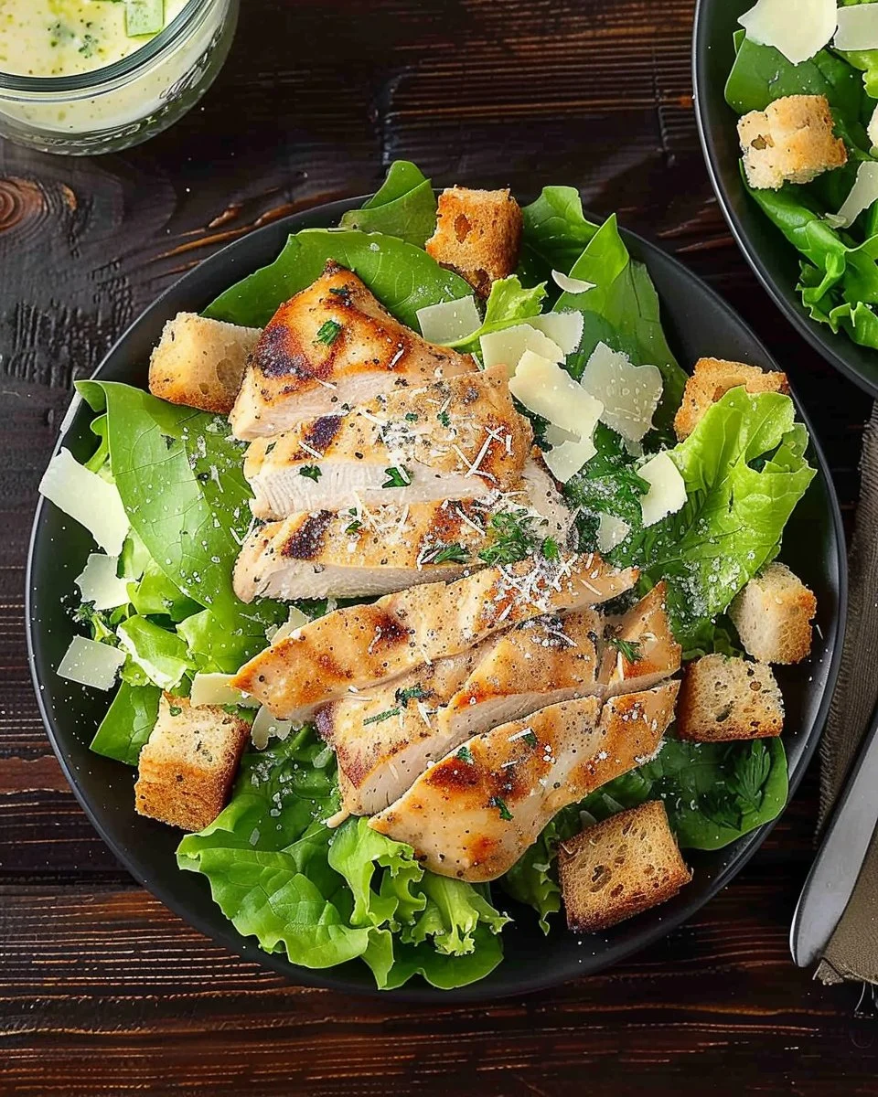 Low Carb Caesar Salad with Chicken topped with parmesan and croutons