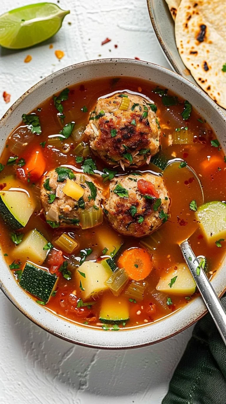 Bowl of delicious homemade meatball soup with fresh ingredients