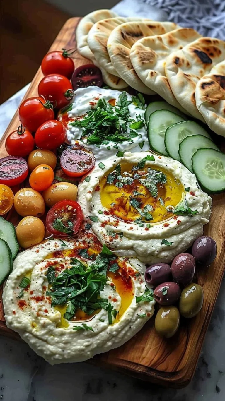 A beautifully arranged Mediterranean brunch board featuring fresh fruits, cheeses, and breads.
