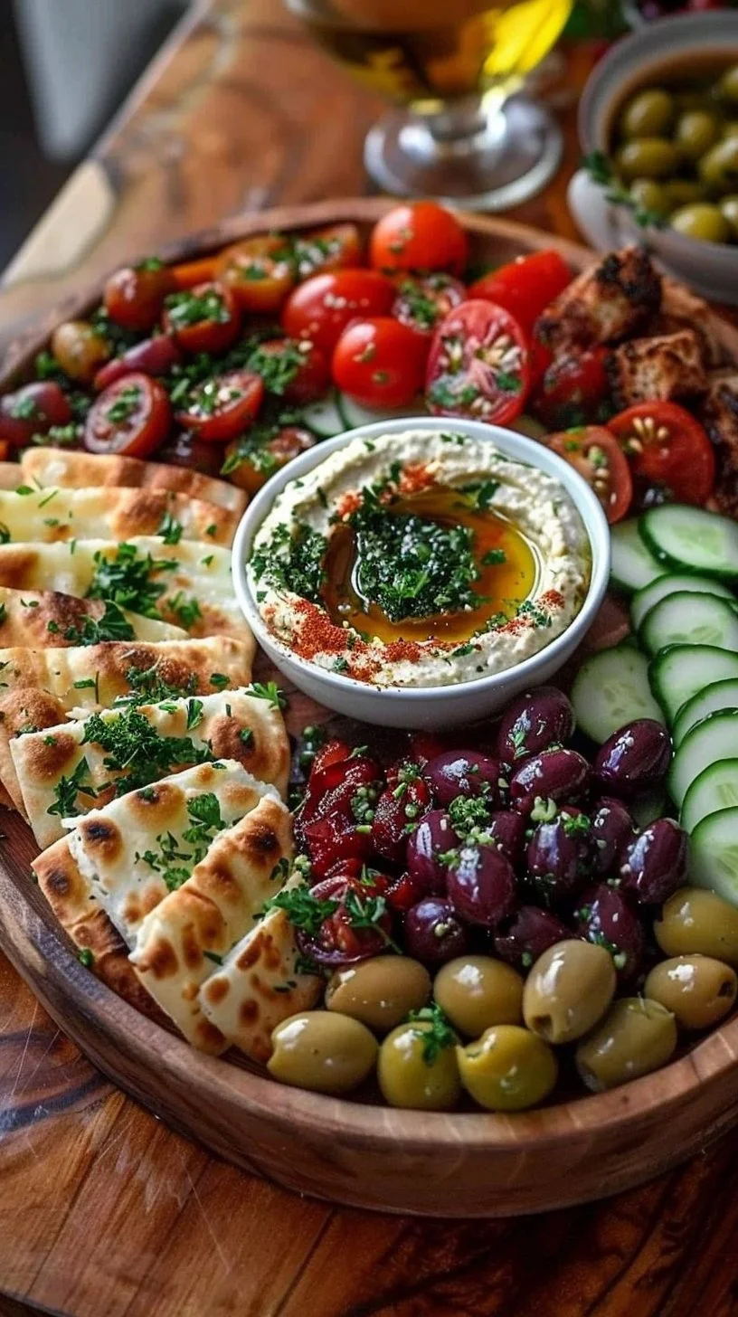 Mediterranean mezze tapas platter with fresh vegetables, dips, and breads.