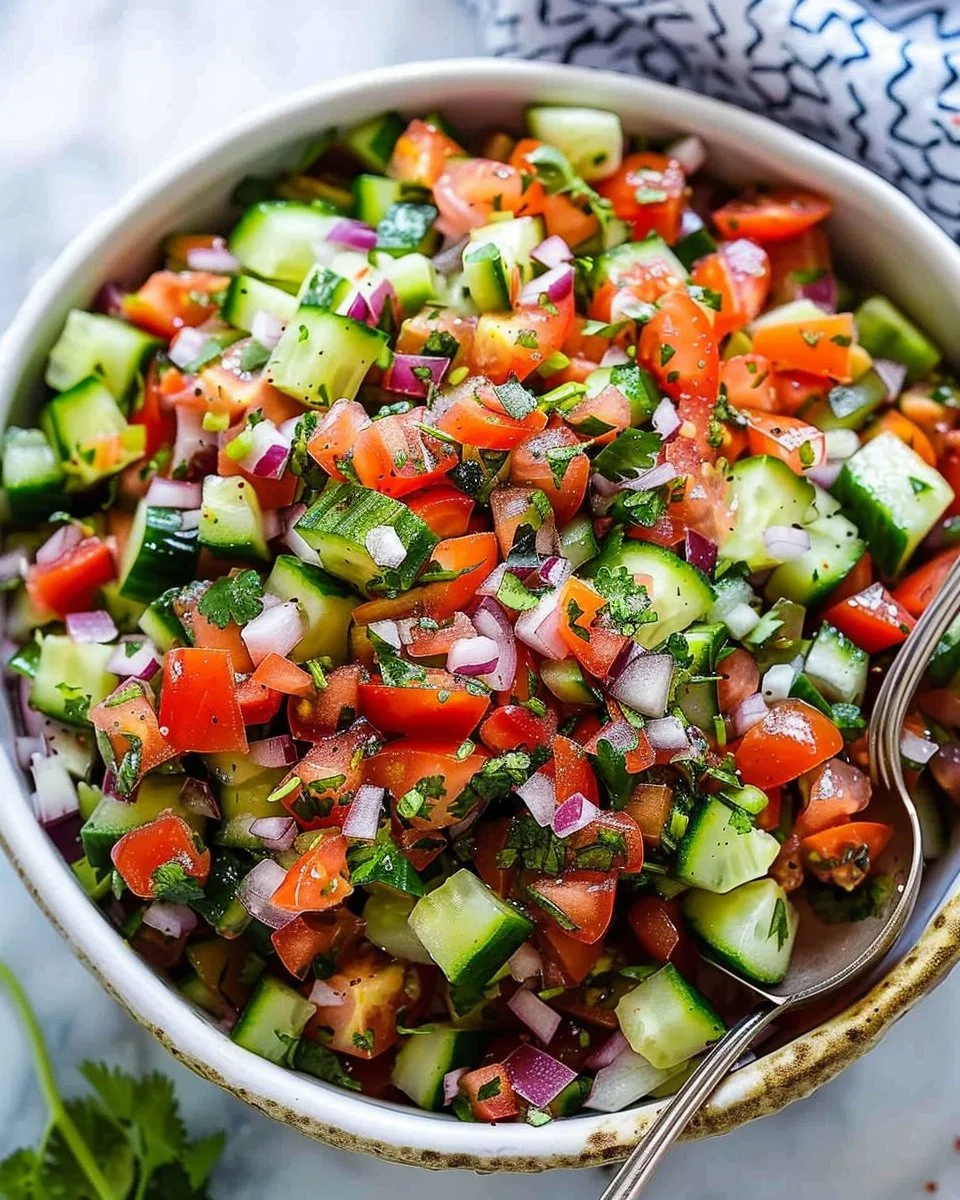 Delicious Mediterranean salad with fresh vegetables and herbs in a bowl