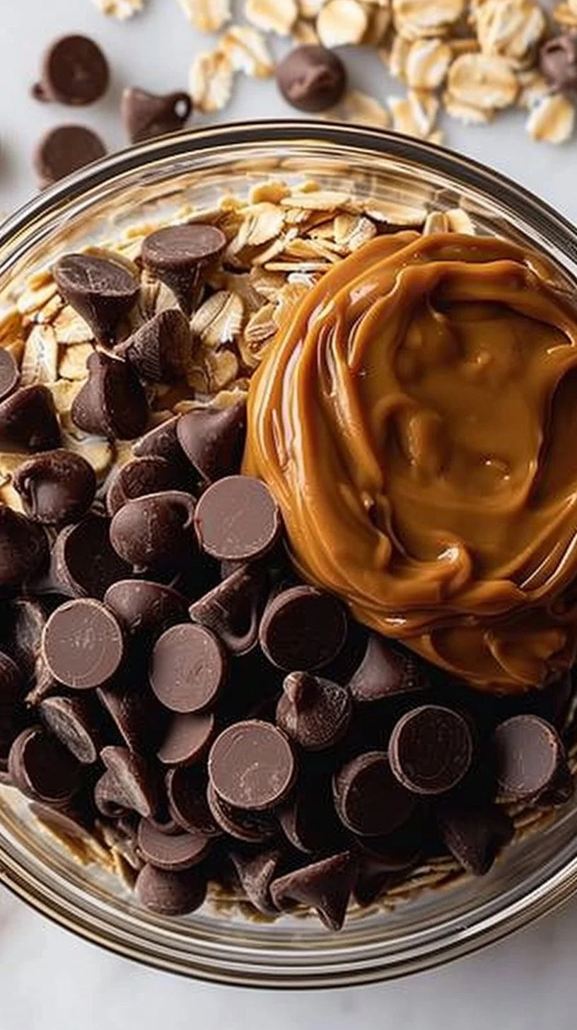 No-bake peanut butter energy bites topped with oats and chocolate chips.