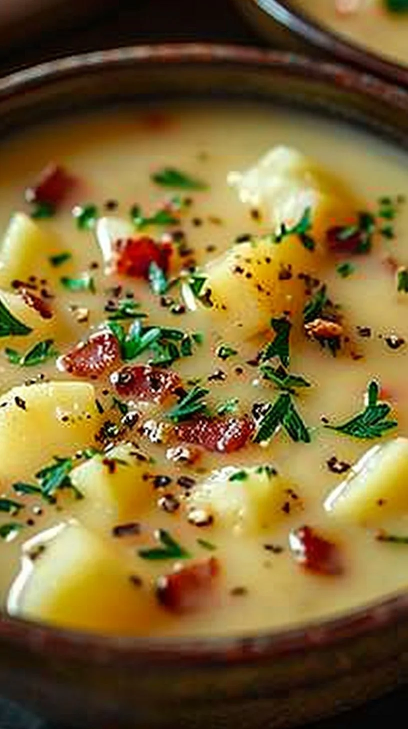 Delicious bowl of Outback potato soup topped with chives and crispy bacon