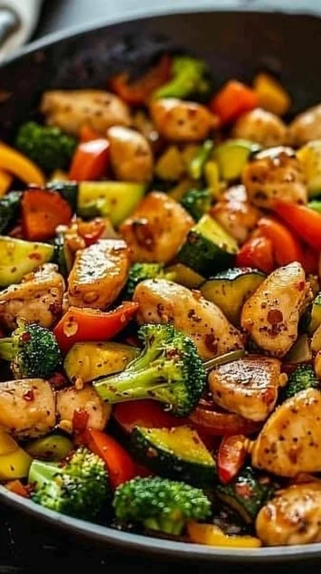 Healthy chicken skillet dish with vegetables in a frying pan