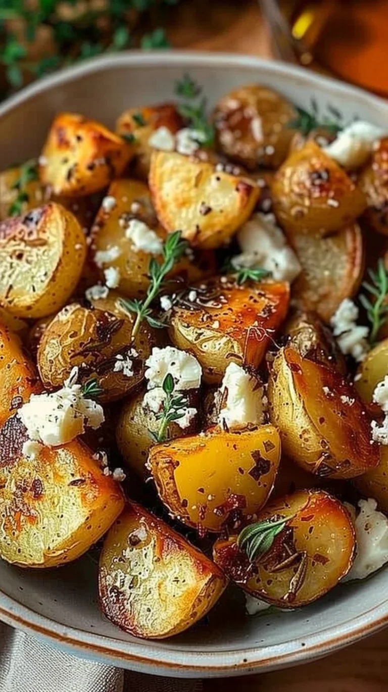 Delicious roasted potatoes topped with baked feta and garlic, perfect side dish.