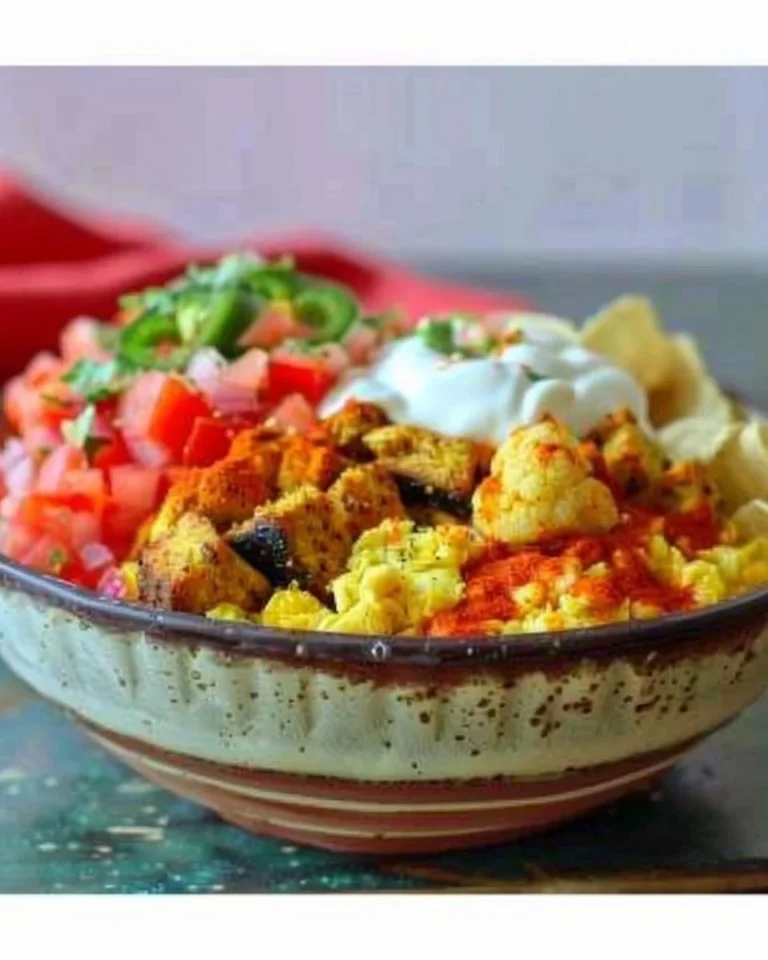 Sheet pan vegan high protein breakfast burrito bowl with fresh veggies and tofu.