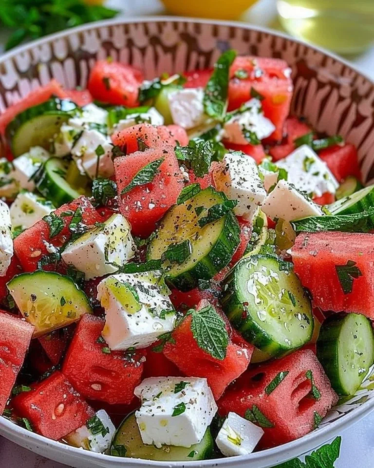 Colorful watermelon cucumber feta salad served in a bowl