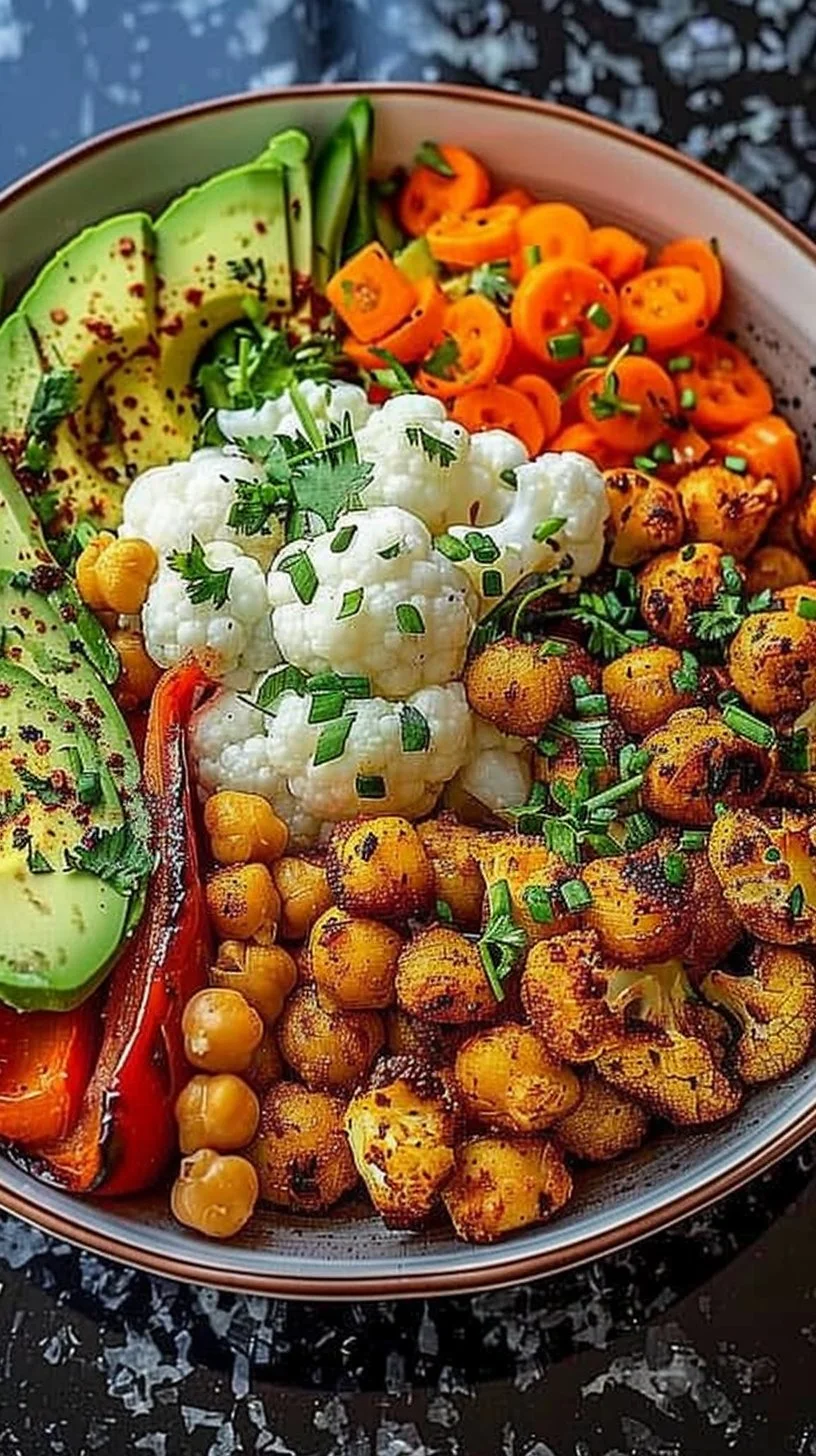 Spicy Chickpea and Roasted Cauliflower Bowl with fresh ingredients and vibrant colors