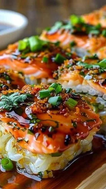 Spicy salmon sushi bake served in a dish with fresh ingredients.