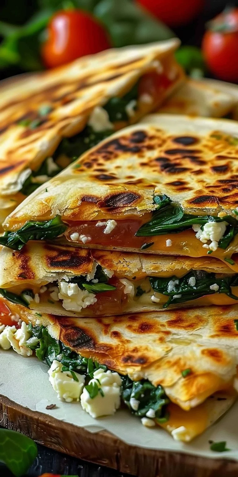 Delicious spinach and feta quesadillas served with salsa and fresh ingredients