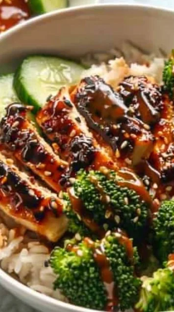 Delicious Sticky Chicken Rice Bowls topped with fresh herbs and vegetables