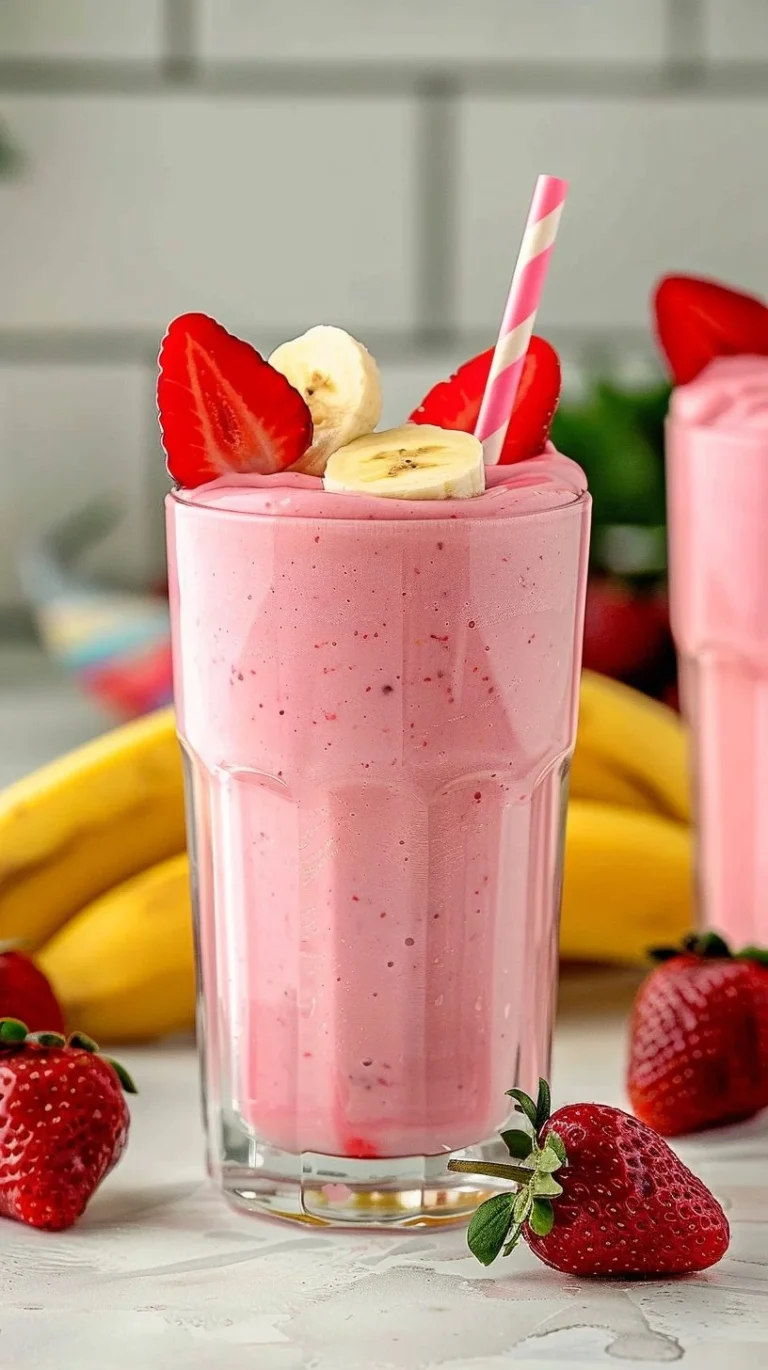 Delicious strawberry banana smoothie in a glass with fresh fruits