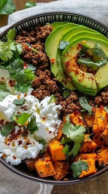 Colorful Sweet Potato Taco Bowl with beans, avocado, and fresh vegetables
