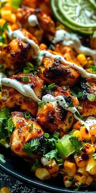 Delicious street corn chicken bowl with vibrant toppings and flavors