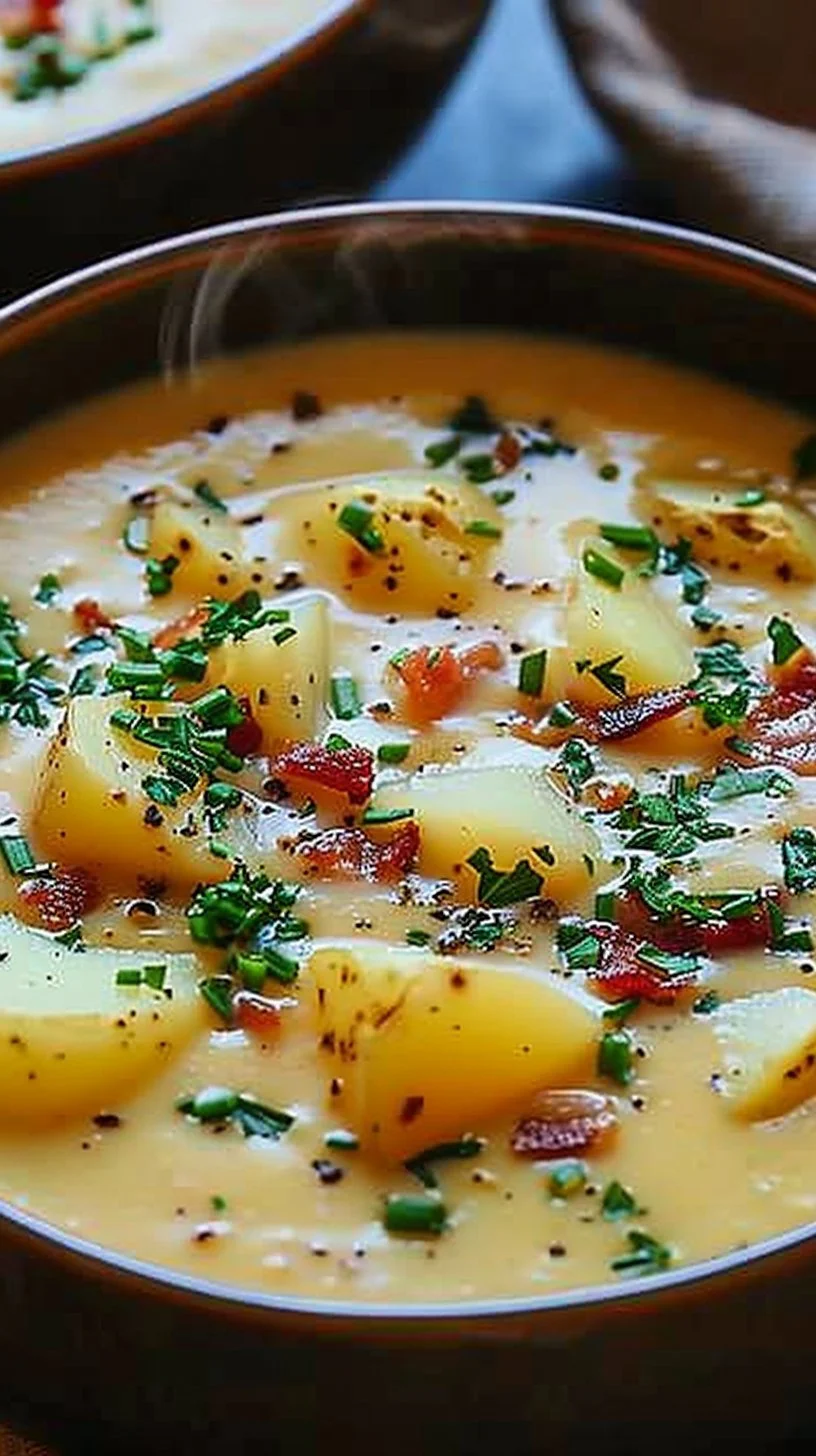 A bowl of steaming creamy potato soup garnished with fresh herbs.