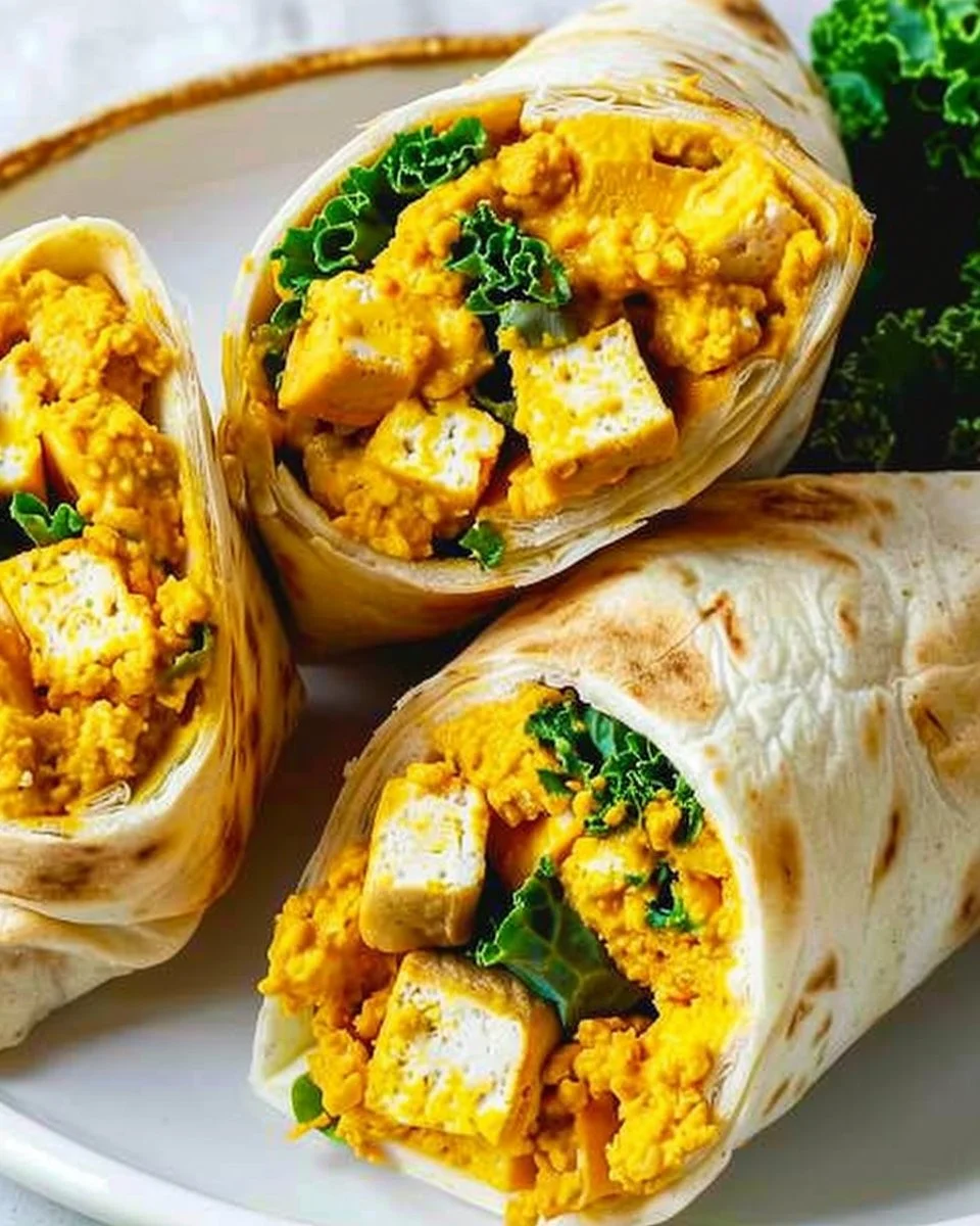 Delicious tofu scramble wrap filled with fresh vegetables and spices