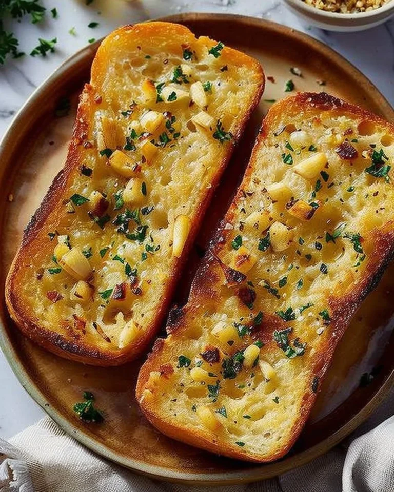 Golden brown garlic bread with herbs and butter on a wooden table.
