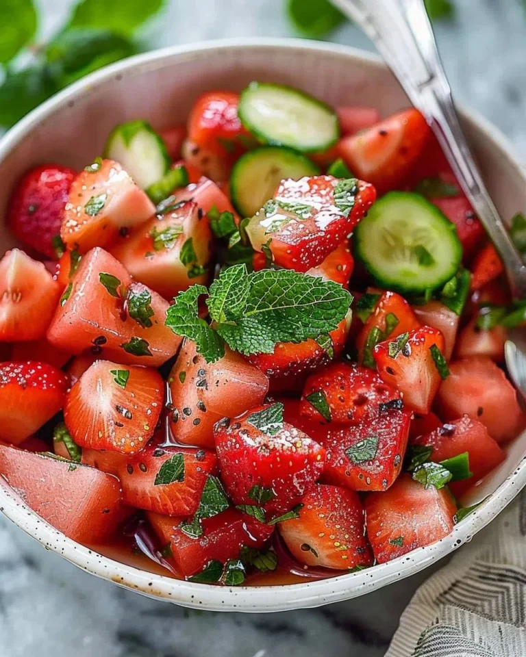 Vibrant watermelon cucumber strawberry salad in a bowl