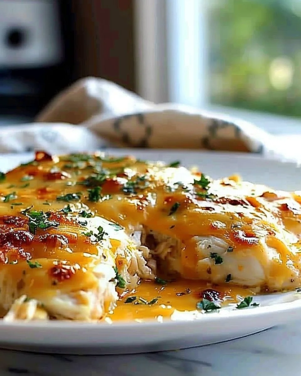Dished 4 Ingredient Ranch Chicken Bake served with fresh herbs on a plate.
