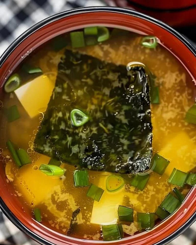 Bowl of authentic homemade miso soup with ingredients.