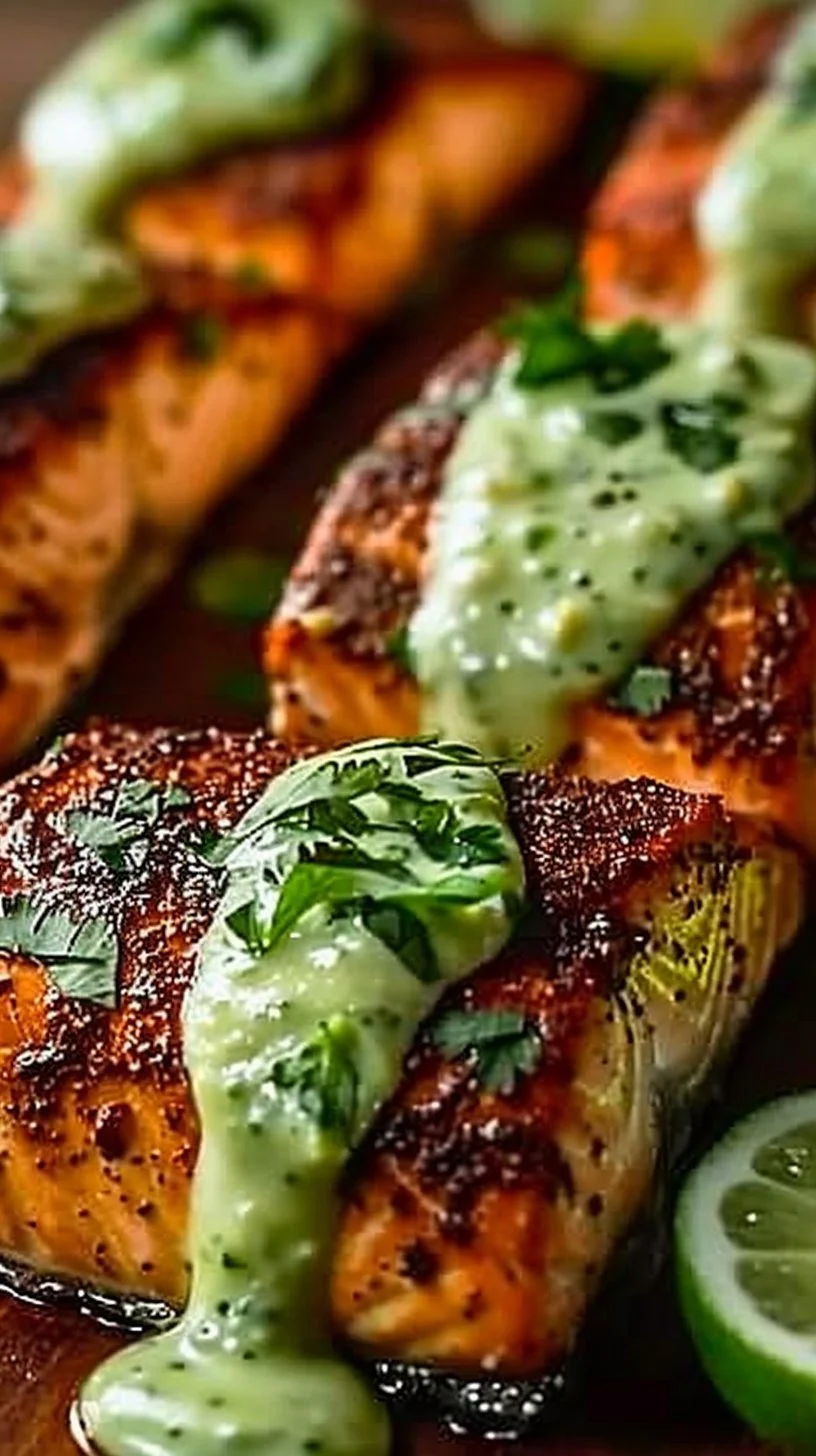 Baked Cajun Salmon topped with avocado lime sauce on a plate
