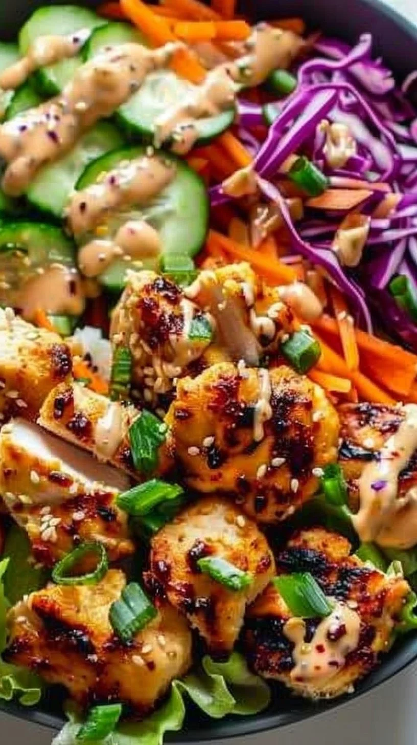 Delicious Bang Bang Chicken Bowl with vibrant vegetables and spicy sauce