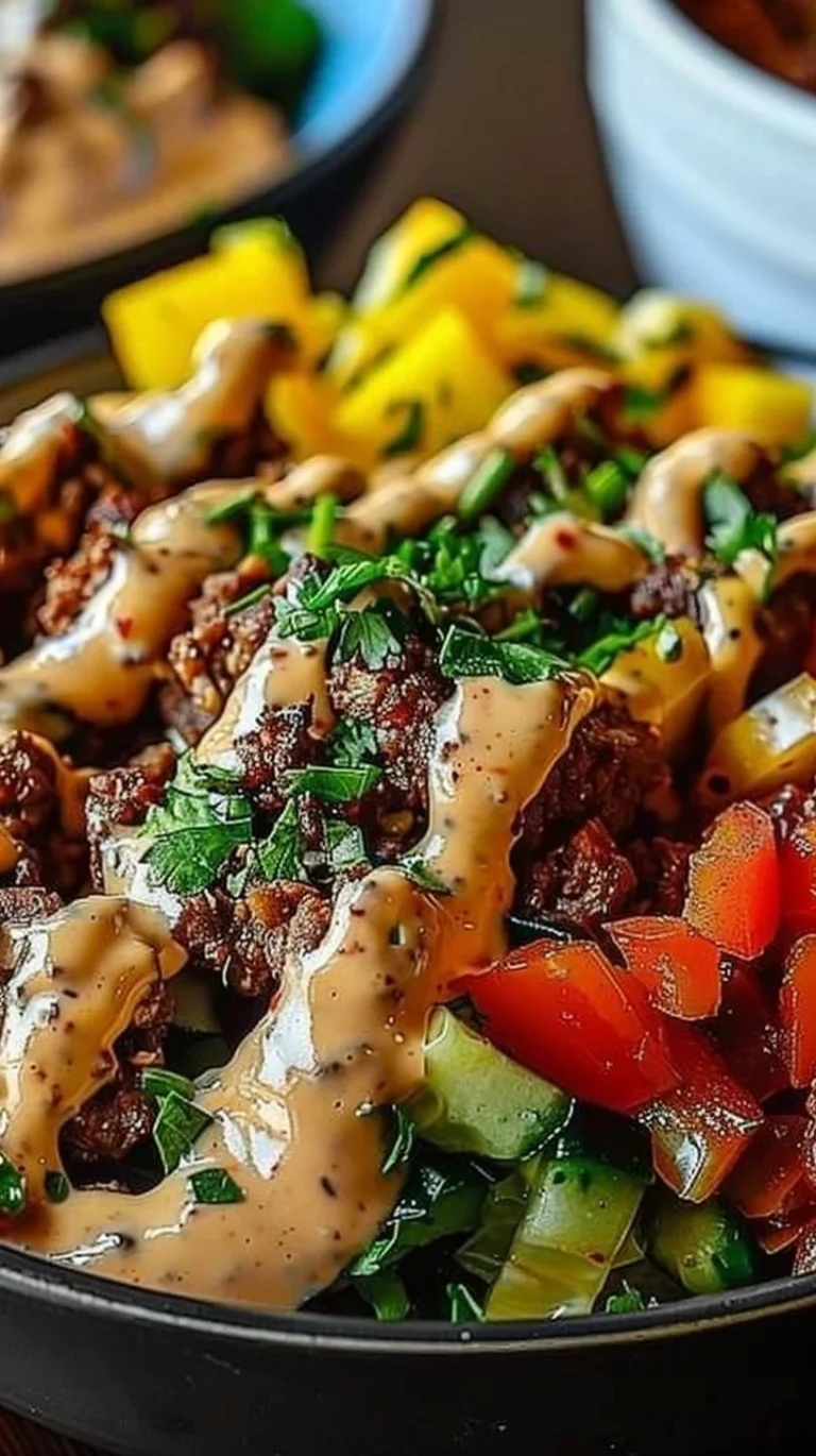 Healthy Burger Bowls topped with fresh ingredients and served in a bowl.