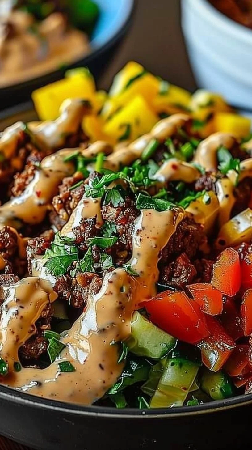 Healthy Burger Bowls topped with fresh ingredients and served in a bowl.
