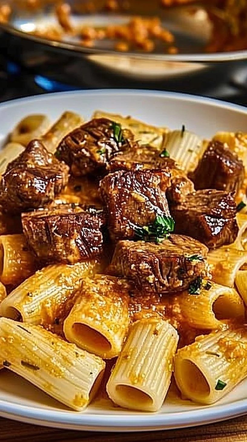 Delicious Cajun steak tips served with creamy cheesy rigatoni.